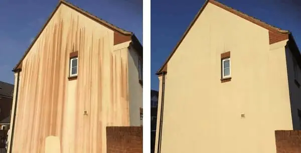 Before and after: a rendered gable wall streaked orange-brown with algae, then clean and even after treatment